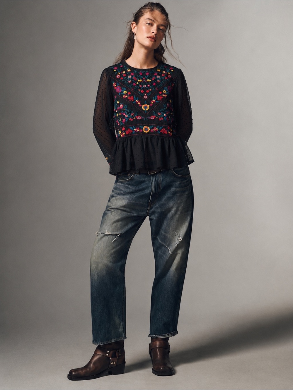 Alison NY Black Embroidered Swiss Dot Peasant Top